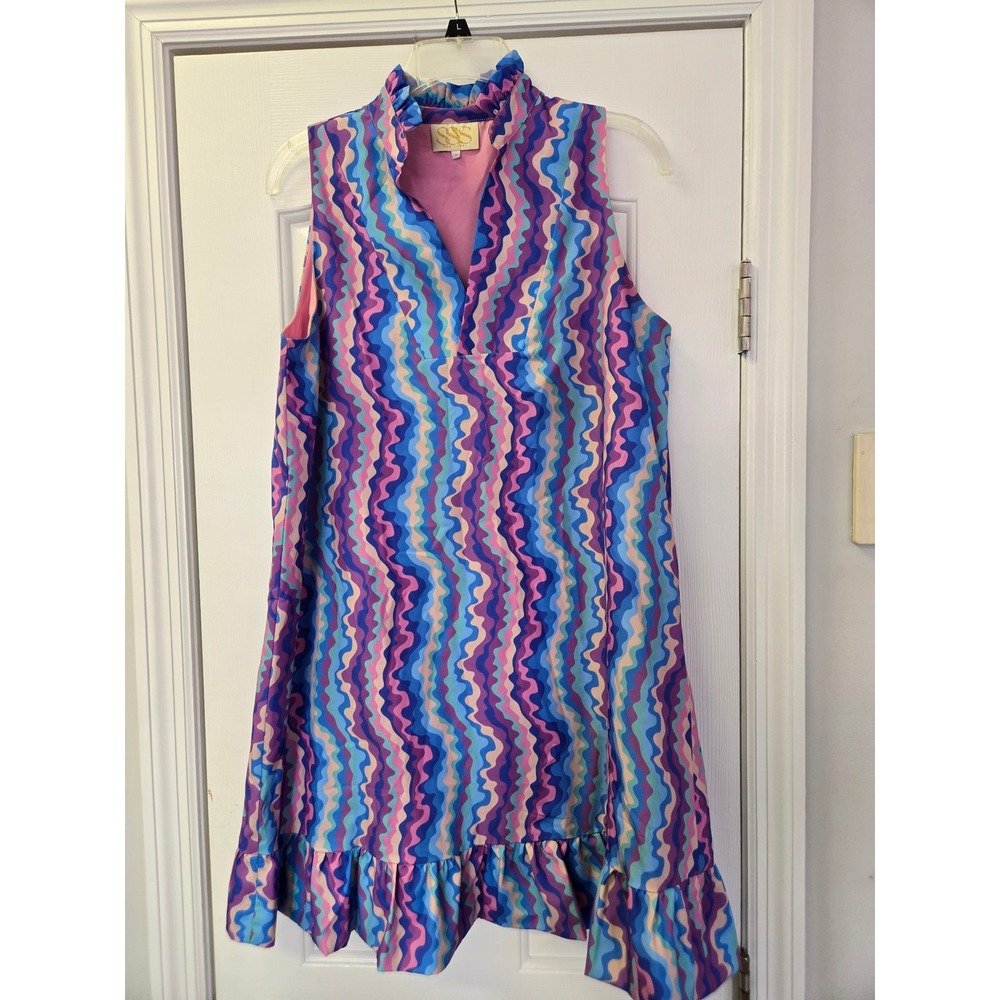 SSS The Label Wavy Psychedelic Ruffle Neck Sleeveless Shift Mini Dress M Resort